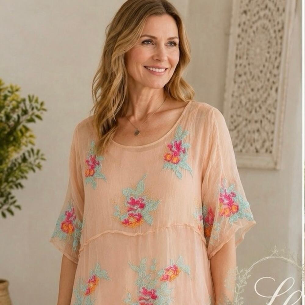 Soft Surroundings Silk Embroidered Tunic Top XL Boho Floral Sheer Overlay‎ Pink